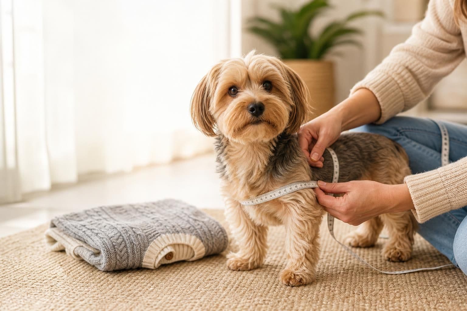 A small dog being measured around the chest with a soft tape measure, with a knit dog sweater beside it